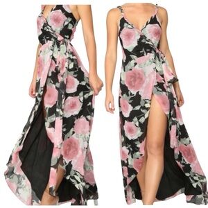 Luxxel Floral High Low Slit Maxi Wrap Dress Pink Black Small Boho Resort Party